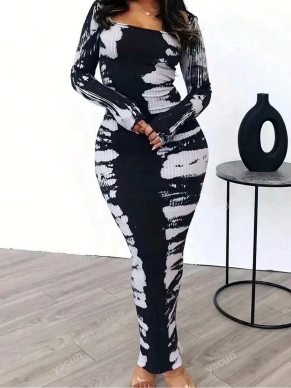 Elegant Black and White Tie Dye Maxi Dress Long Sleeve Bodycon Statement Look